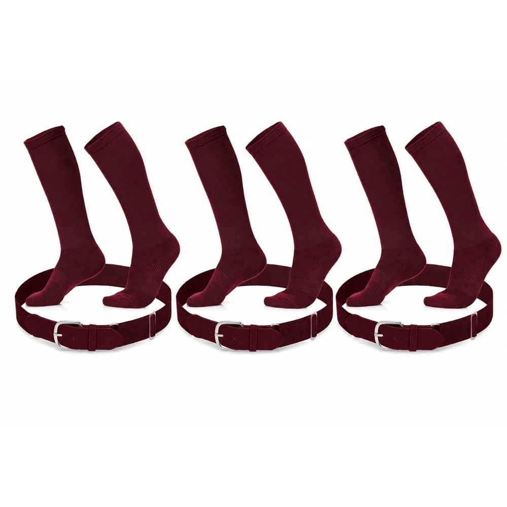 Game On Youth Baseball & Softball Socks and Belt Set Bundle of 3 Maroon Small